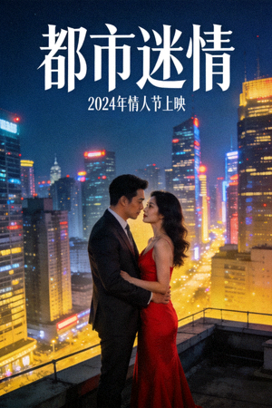 电影《都市迷情》高清海报，都市夜景与男女主角深情对视画面