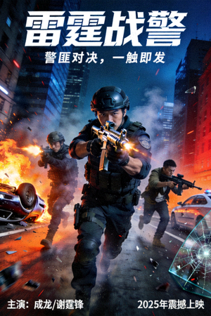 动作片《雷霆战警》海报，警察与匪徒在都市街道激烈枪战的震撼画面