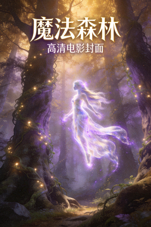 奇幻电影《魔法森林》高清封面，神秘森林中精灵与魔法光芒的奇幻景象