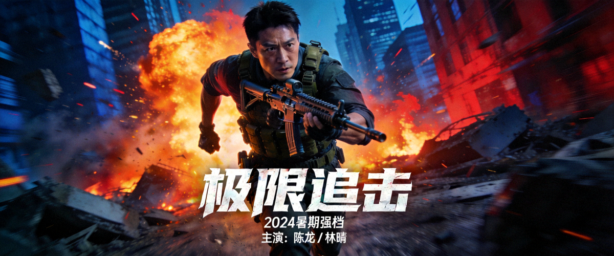 热门动作电影《极限追击》高清封面海报，主角持枪奔跑场景