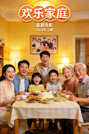 喜剧电影《欢乐家庭》海报，一家人围坐在餐桌旁开怀大笑的温馨场面